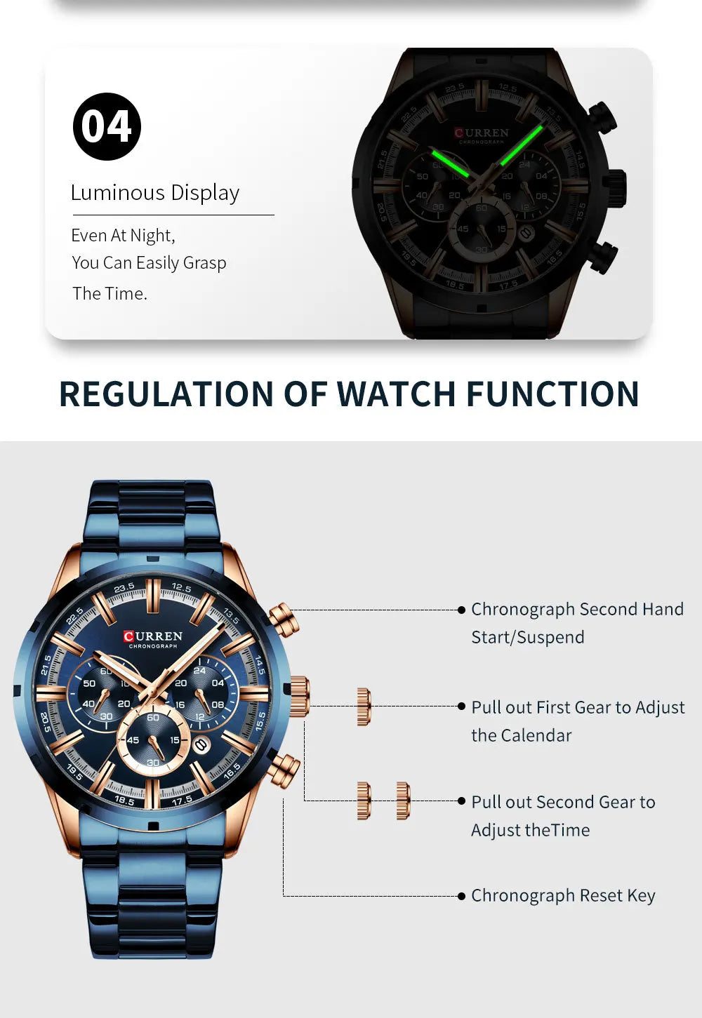 CURREN Chronograph Waterproof Quartz Watch Full Steel Wristwatch