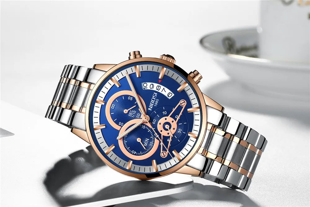 NIBOSI Relogio Masculin Quartz Gold Black Chronograph Waterproof Men's watch