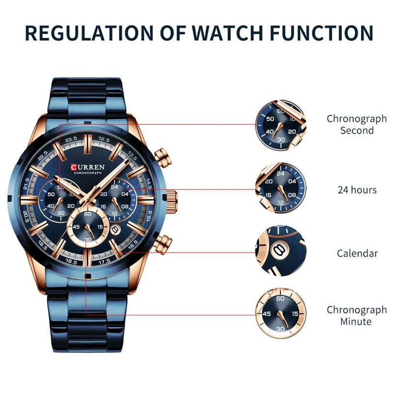 CURREN Chronograph Waterproof Quartz Watch Full Steel Wristwatch
