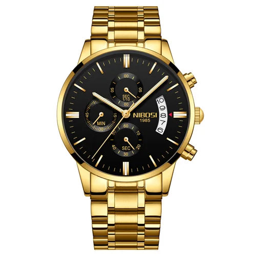 NIBOSI Relogio Masculin Quartz Gold Black Chronograph Waterproof Men's watch