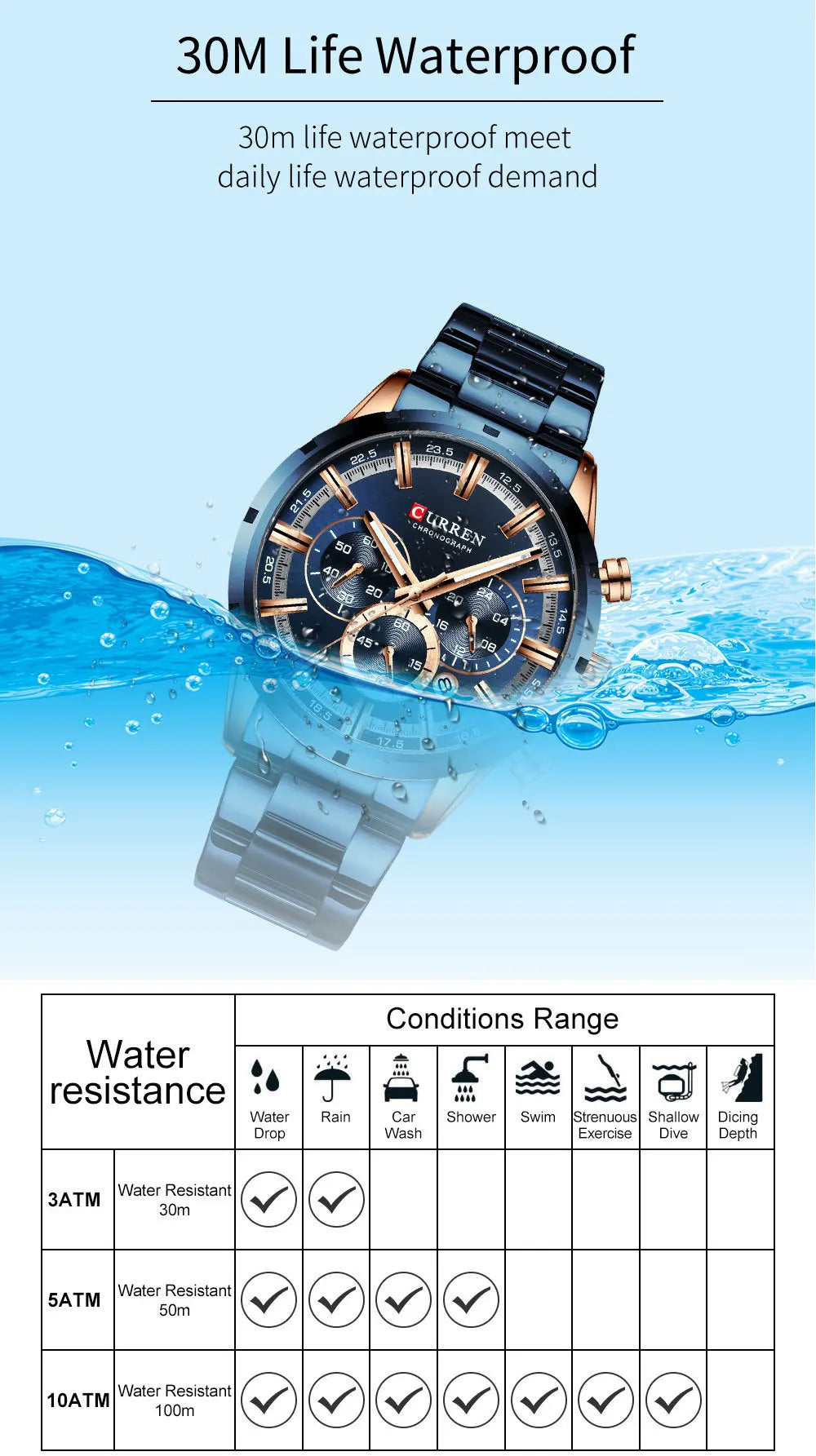 CURREN Chronograph Waterproof Quartz Watch Full Steel Wristwatch