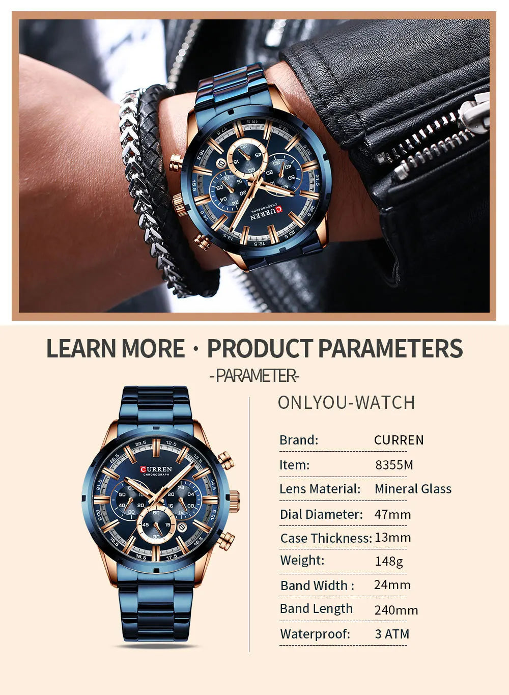 CURREN Chronograph Waterproof Quartz Watch Full Steel Wristwatch