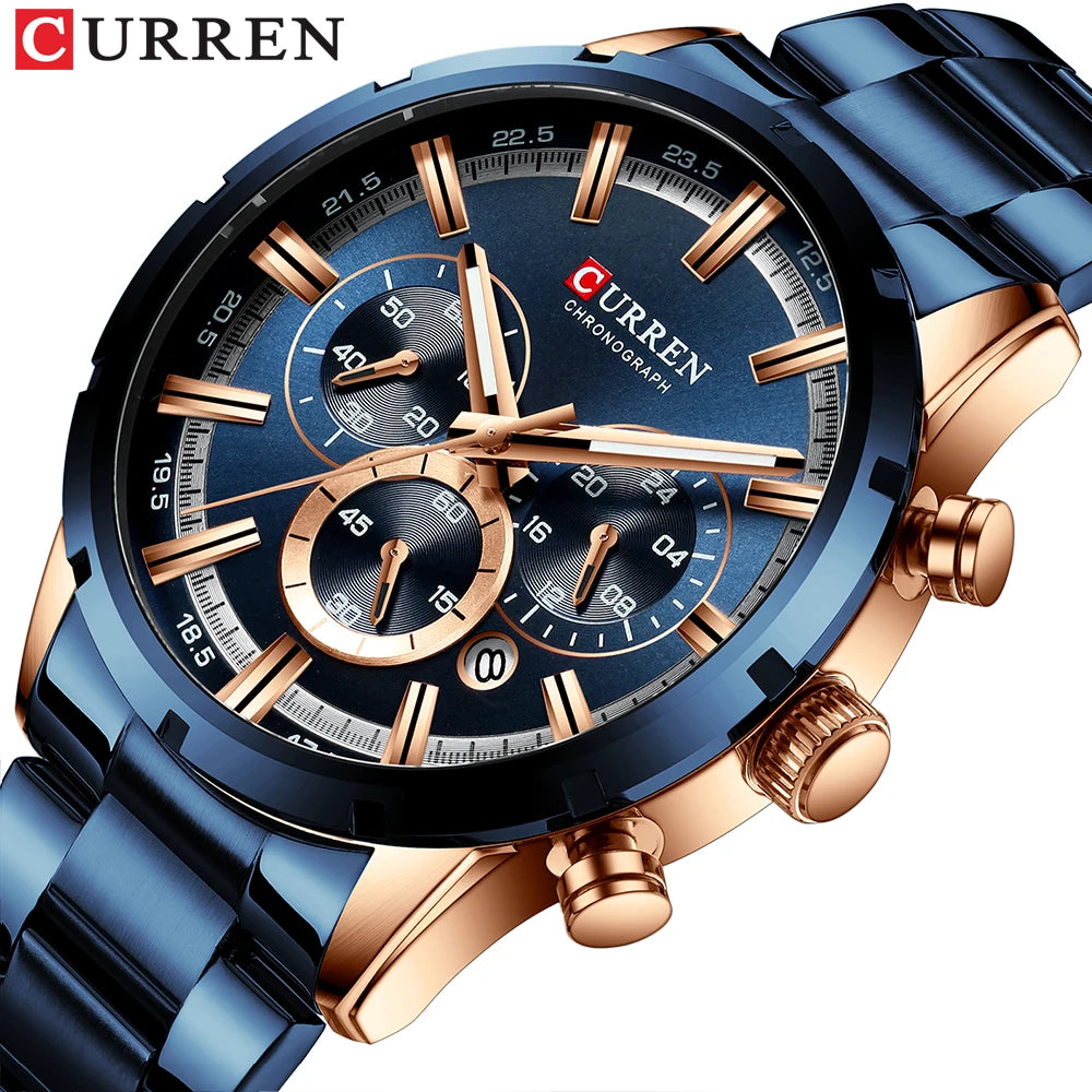 CURREN Chronograph Waterproof Quartz Watch Full Steel Wristwatch