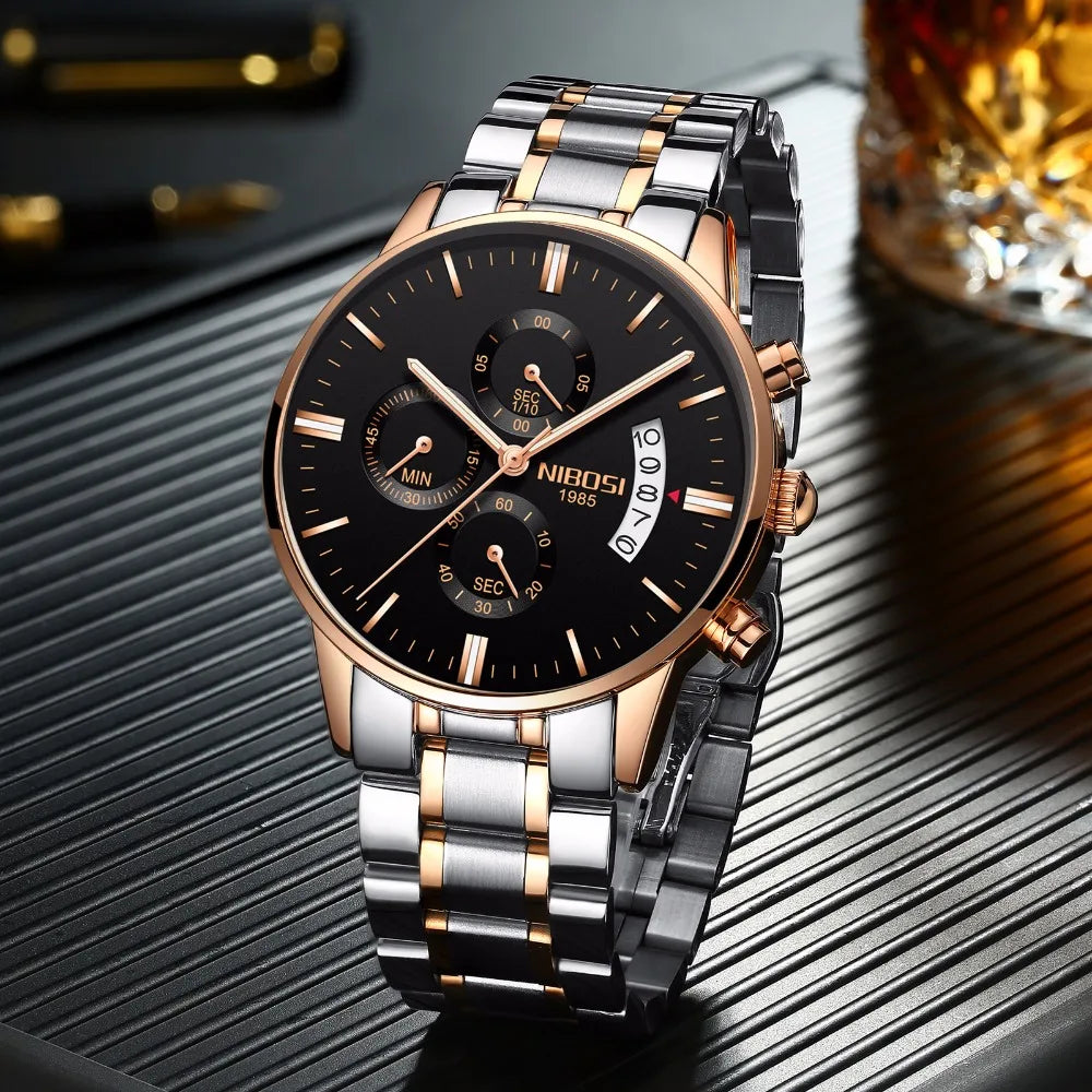 NIBOSI Relogio Masculino 2309 Stainless Steel Black Quartz Chronograph Wristwatch