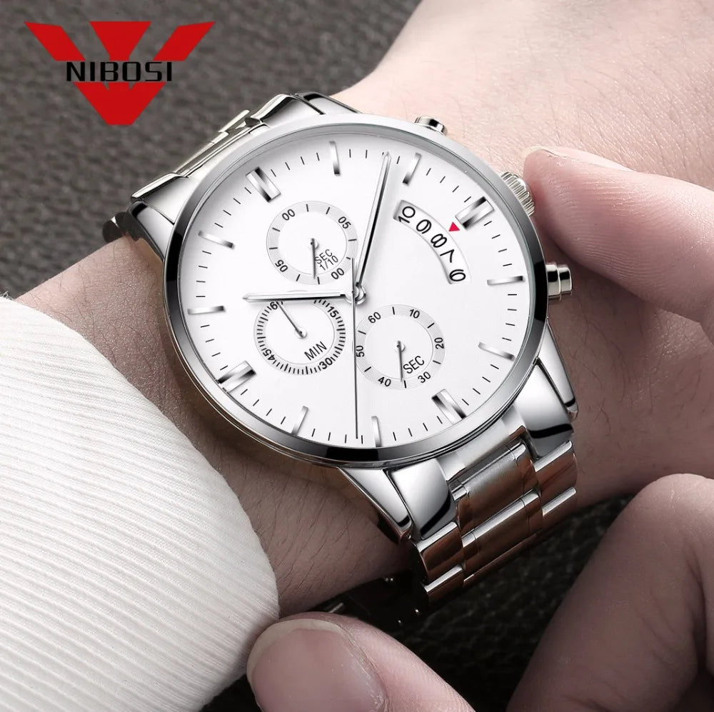 NIBOSI Relogio Masculino 2309 Stainless Steel Black Quartz Chronograph Wristwatch