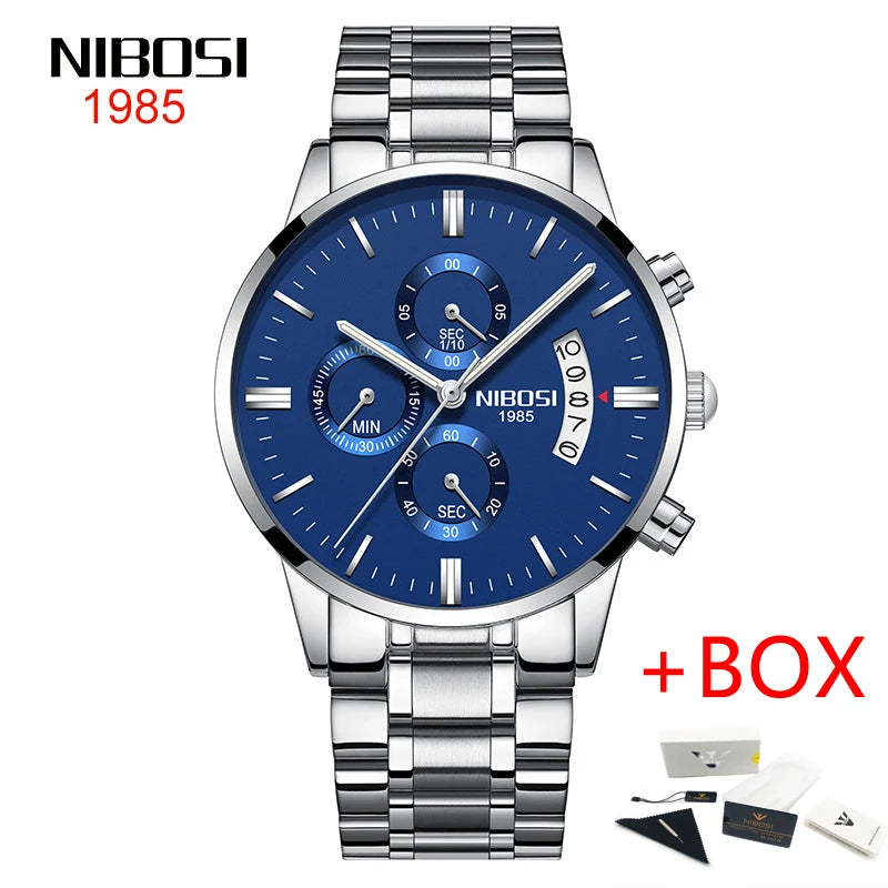 NIBOSI Relogio Masculino 2309 Stainless Steel Black Quartz Chronograph Wristwatch