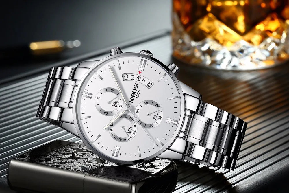NIBOSI Relogio Masculino 2309 Stainless Steel Black Quartz Chronograph Wristwatch