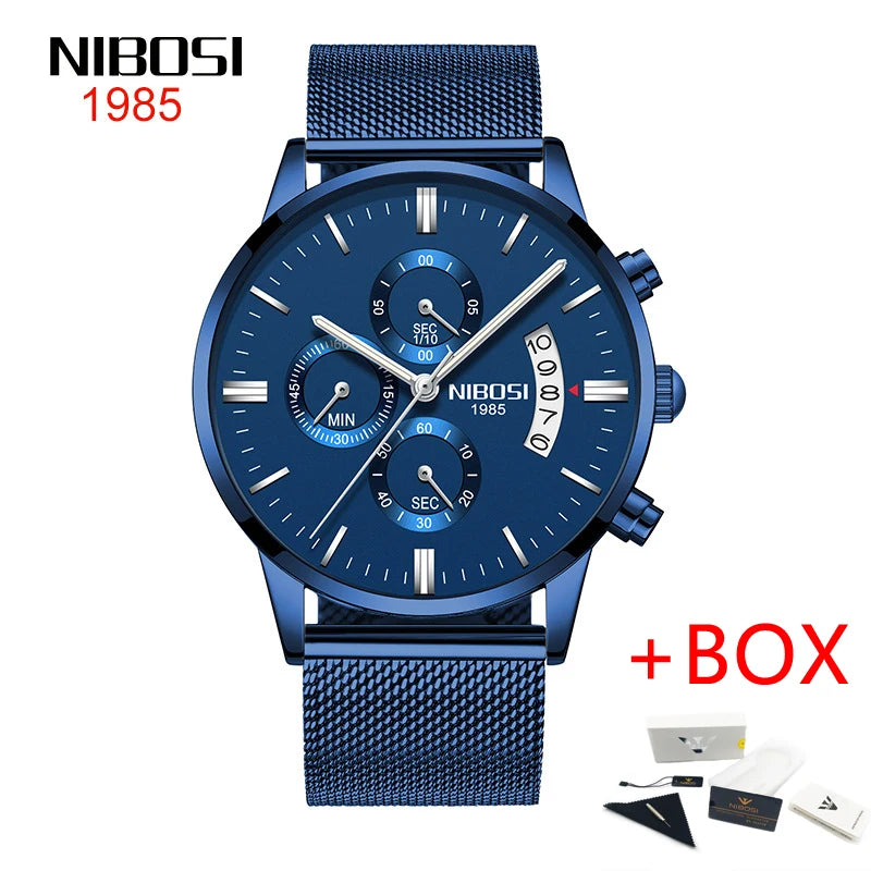 NIBOSI Relogio Masculino 2309 Stainless Steel Black Quartz Chronograph Wristwatch
