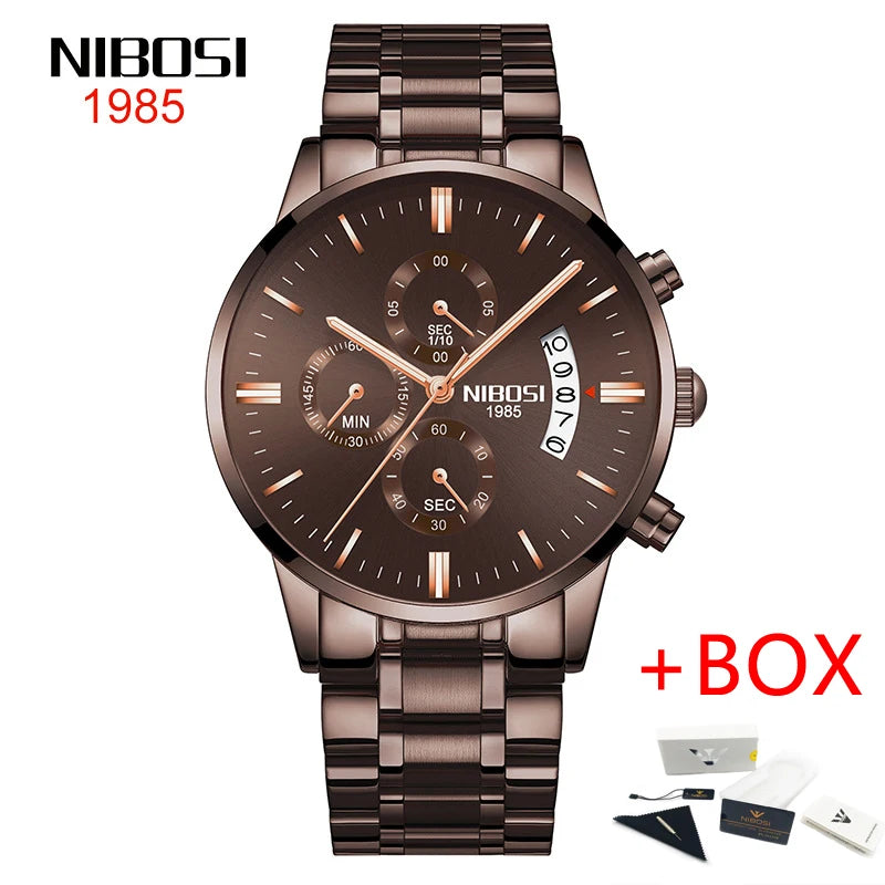 NIBOSI Relogio Masculino 2309 Stainless Steel Black Quartz Chronograph Wristwatch