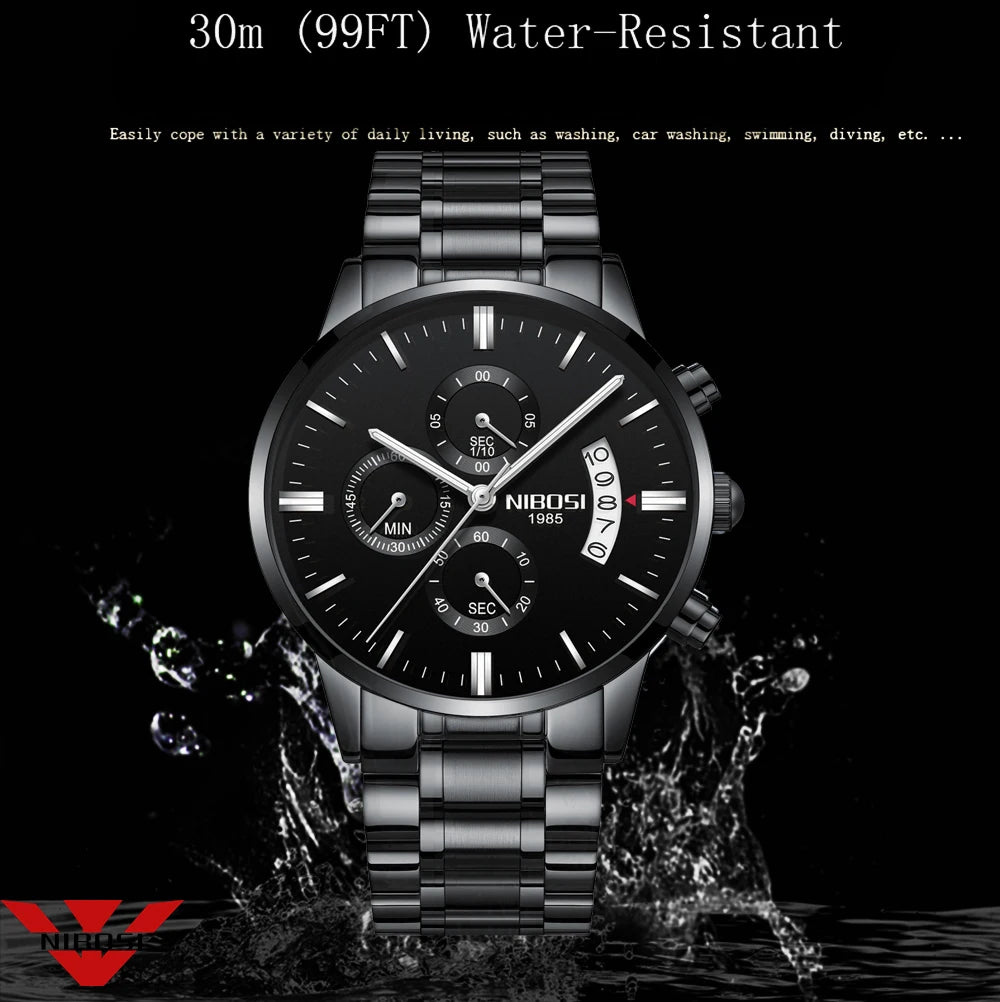 NIBOSI Relogio Masculino 2309 Stainless Steel Black Quartz Chronograph Wristwatch