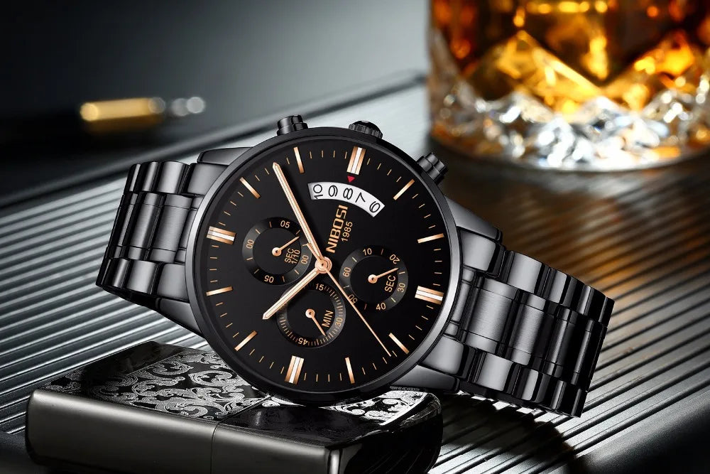 NIBOSI Relogio Masculino 2309 Stainless Steel Black Quartz Chronograph Wristwatch