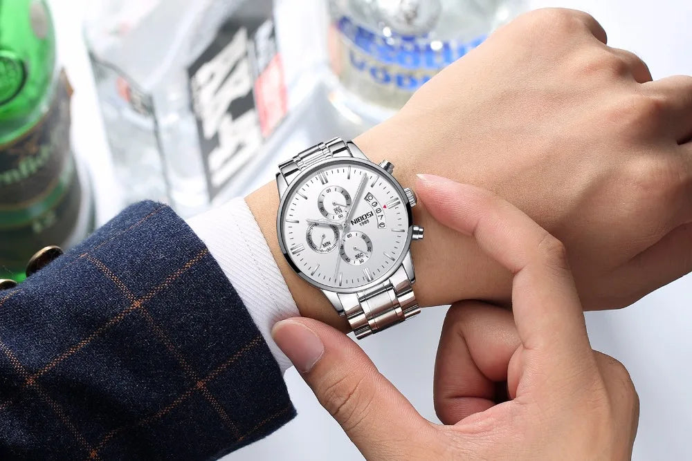 NIBOSI Relogio Masculino 2309 Stainless Steel Black Quartz Chronograph Wristwatch