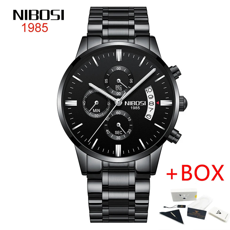 NIBOSI Relogio Masculino 2309 Stainless Steel Black Quartz Chronograph Wristwatch