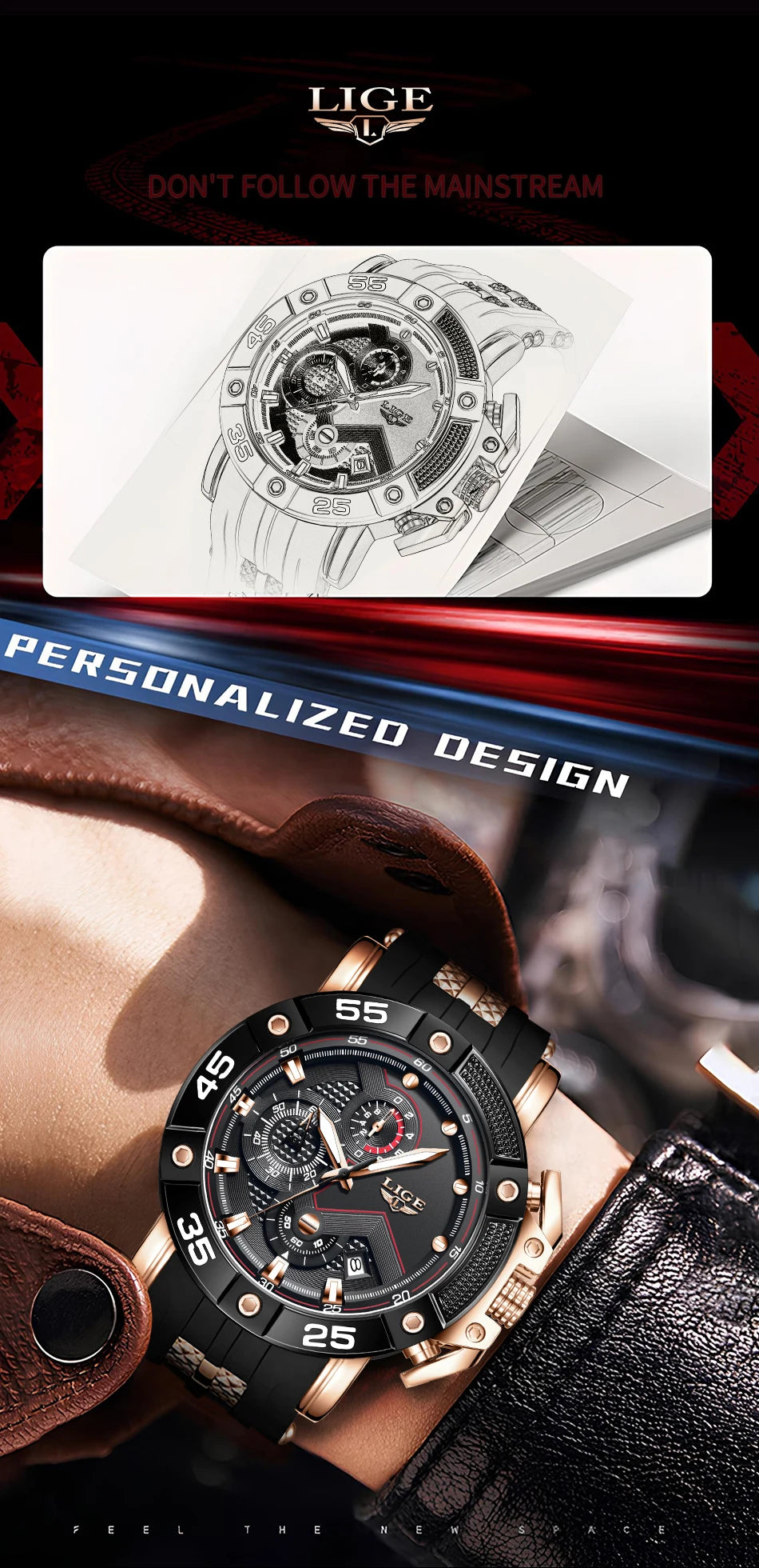 LIGE Relogio Masculino Waterproof Quartz Watch For Men