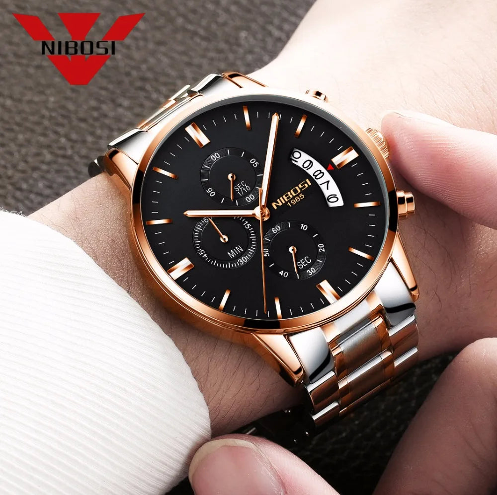 NIBOSI Relogio Masculino 2309 Stainless Steel Black Quartz Chronograph Wristwatch