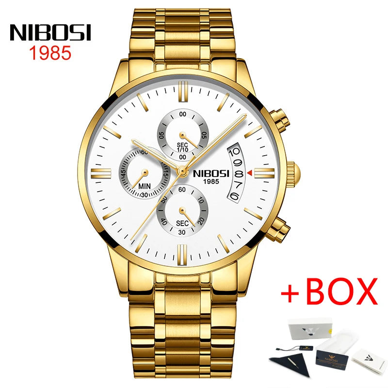 NIBOSI Relogio Masculino 2309 Stainless Steel Black Quartz Chronograph Wristwatch