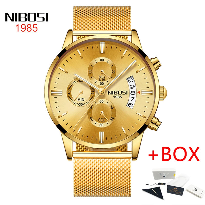 NIBOSI Relogio Masculino 2309 Stainless Steel Black Quartz Chronograph Wristwatch