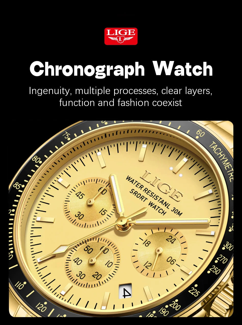 LIGE Relogios Masculino Full Steel Waterproof Quartz Chronograph Watch