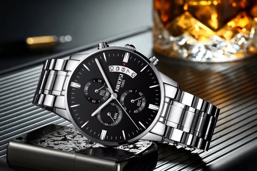 NIBOSI Relogio Masculino 2309 Stainless Steel Black Quartz Chronograph Wristwatch
