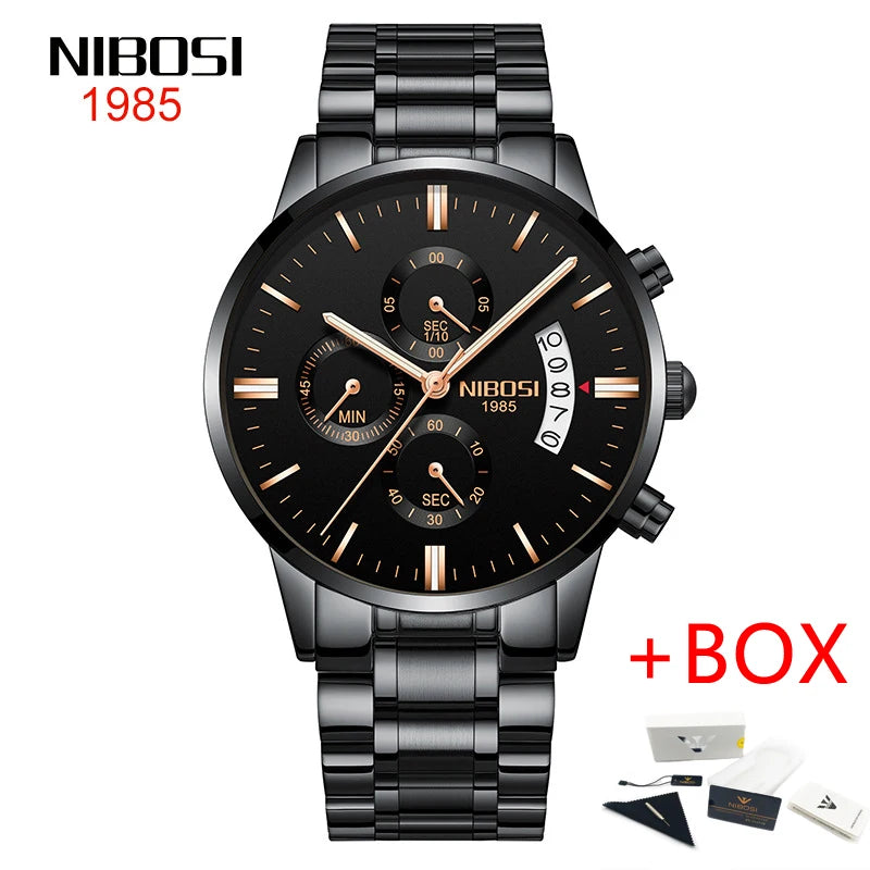 NIBOSI Relogio Masculino 2309 Stainless Steel Black Quartz Chronograph Wristwatch