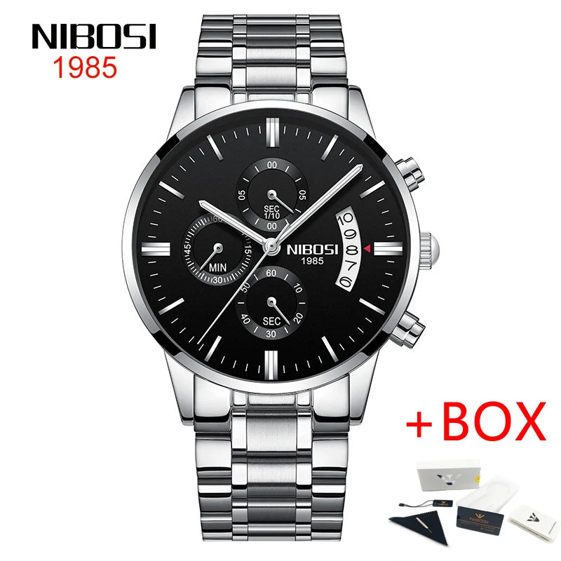 NIBOSI Relogio Masculino 2309 Stainless Steel Black Quartz Chronograph Wristwatch