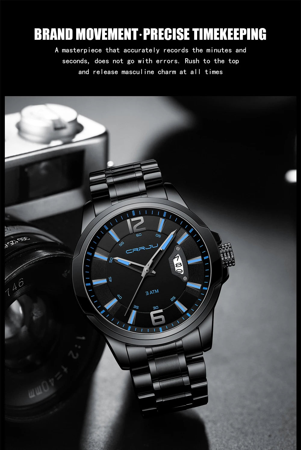 CRRJU Relogio Masculino Stainless Steel Waterproof Quartz Watch for Men