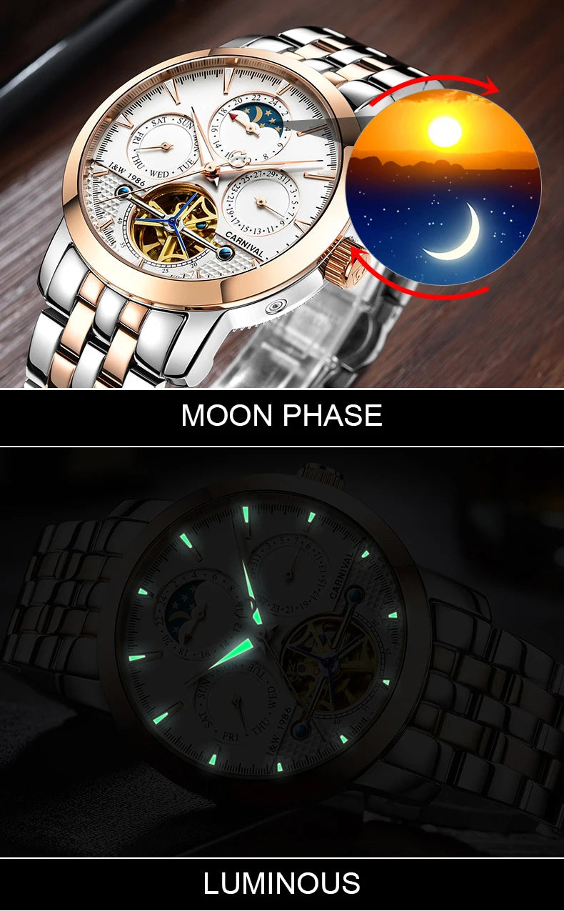 Carnival Brand Tourbillon Stainless Steel Mechanical Watch for Men