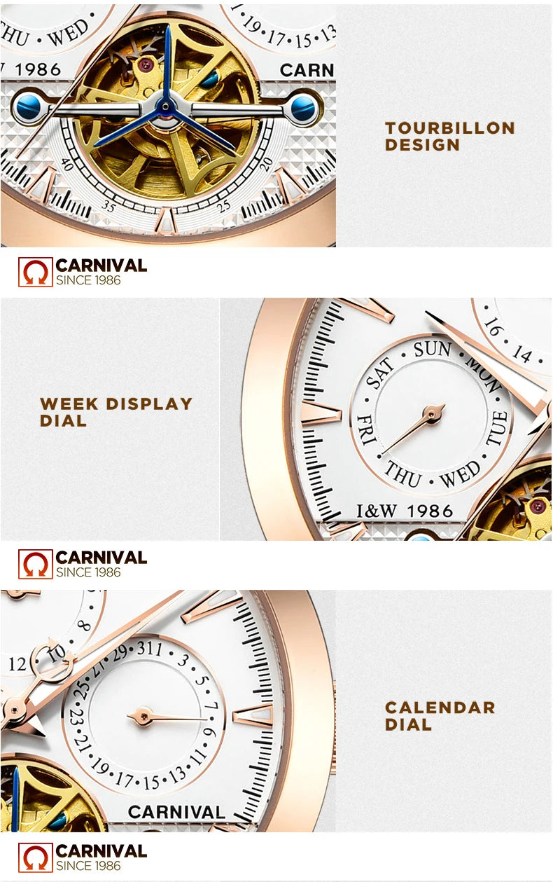 Carnival Brand Tourbillon Stainless Steel Mechanical Watch for Men