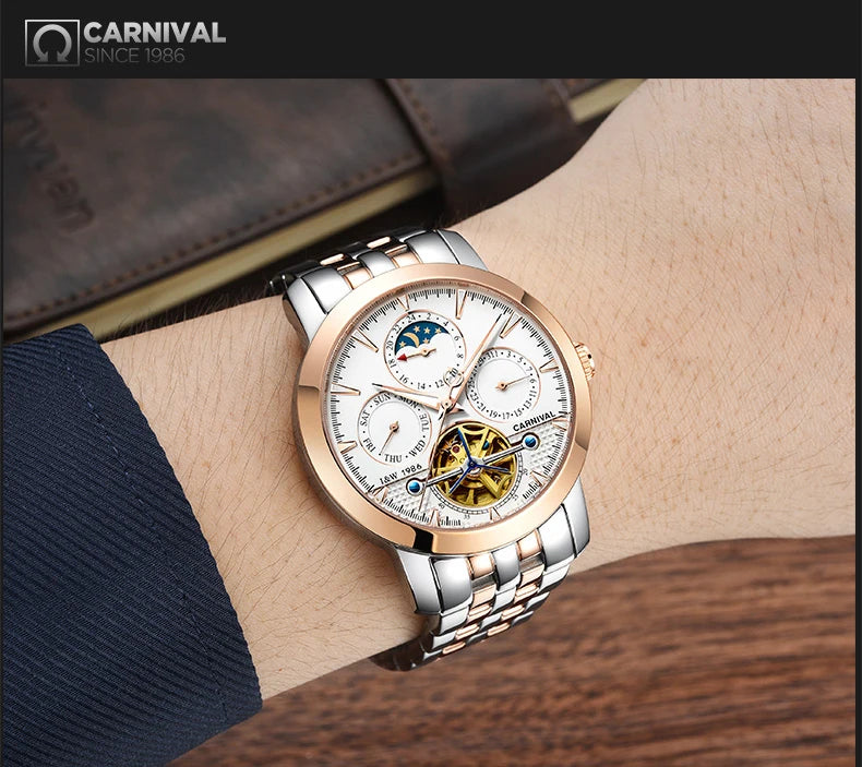 Carnival Brand Tourbillon Stainless Steel Mechanical Watch for Men
