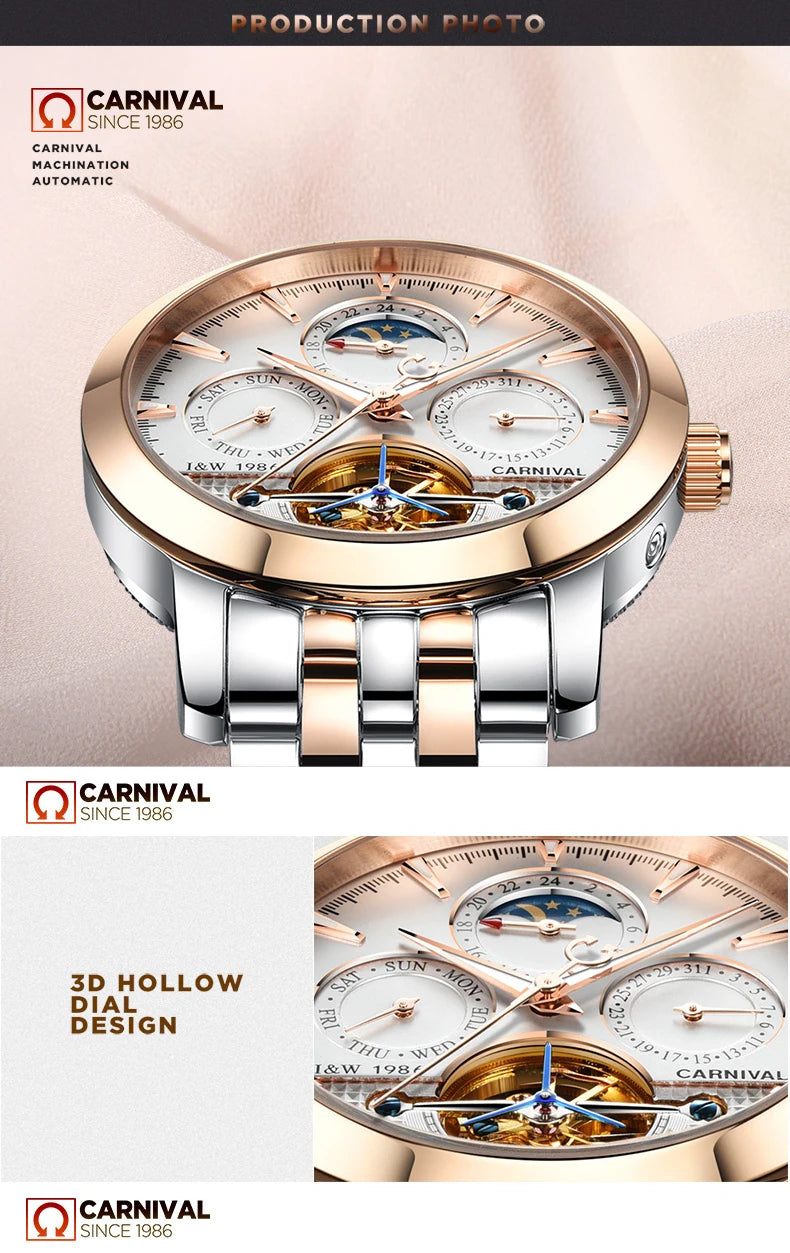 Carnival Brand Tourbillon Stainless Steel Mechanical Watch for Men
