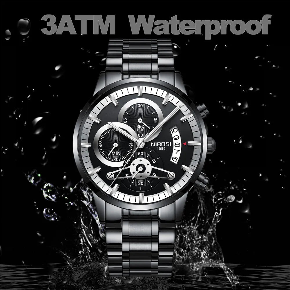 NIBOSI Relogio Masculin Quartz Gold Black Chronograph Waterproof Men's watch