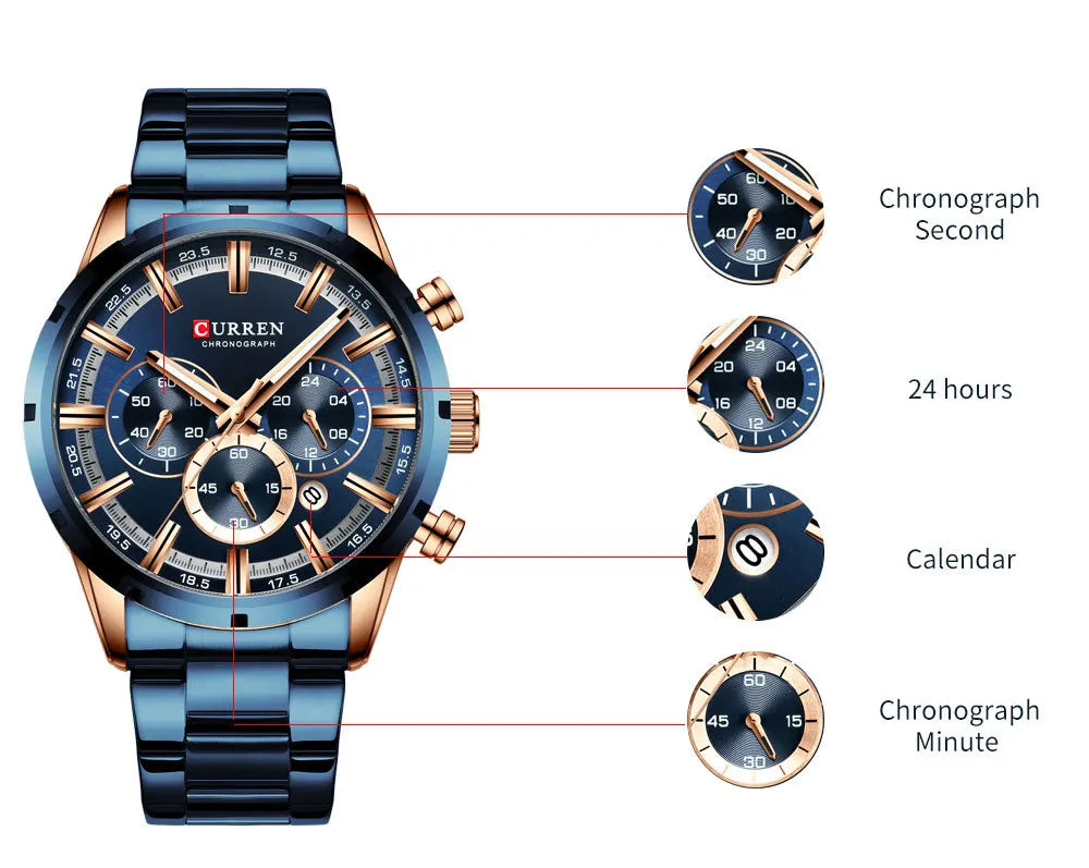 CURREN Chronograph Waterproof Quartz Watch Full Steel Wristwatch