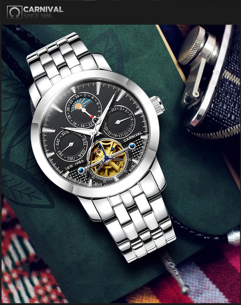 Carnival Brand Tourbillon Stainless Steel Mechanical Watch for Men
