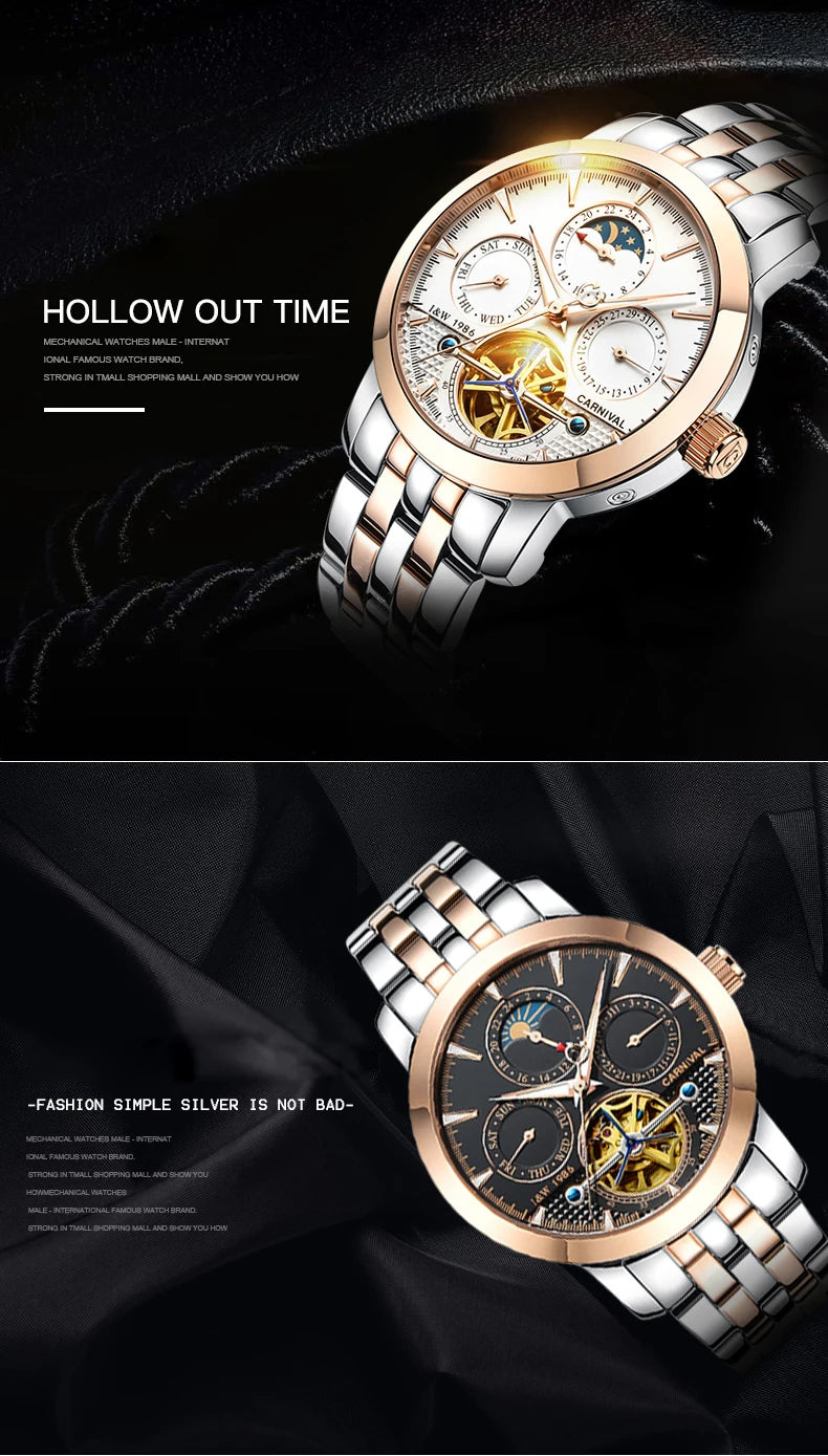 Carnival Brand Tourbillon Stainless Steel Mechanical Watch for Men
