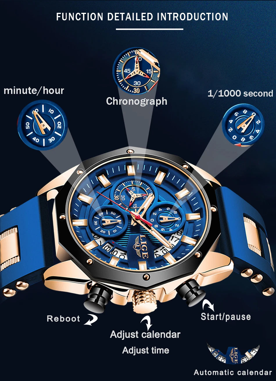 LIGE Quartz Chronograph Waterproof Wristwatch