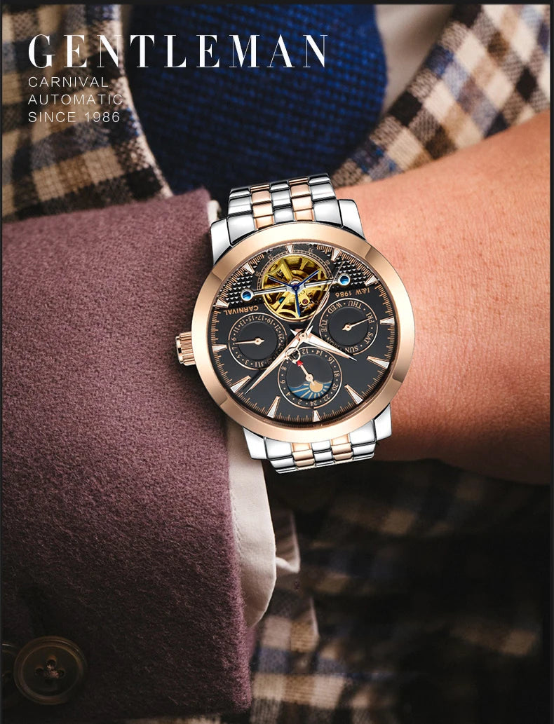 Carnival Brand Tourbillon Stainless Steel Mechanical Watch for Men