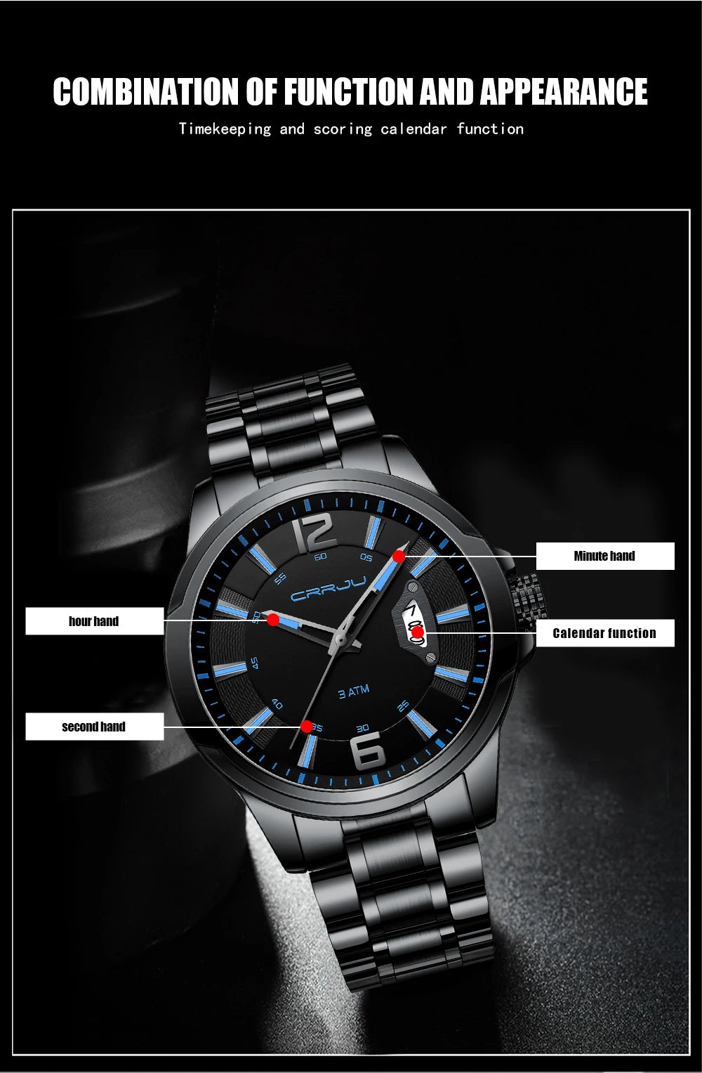 CRRJU Relogio Masculino Stainless Steel Waterproof Quartz Watch for Men