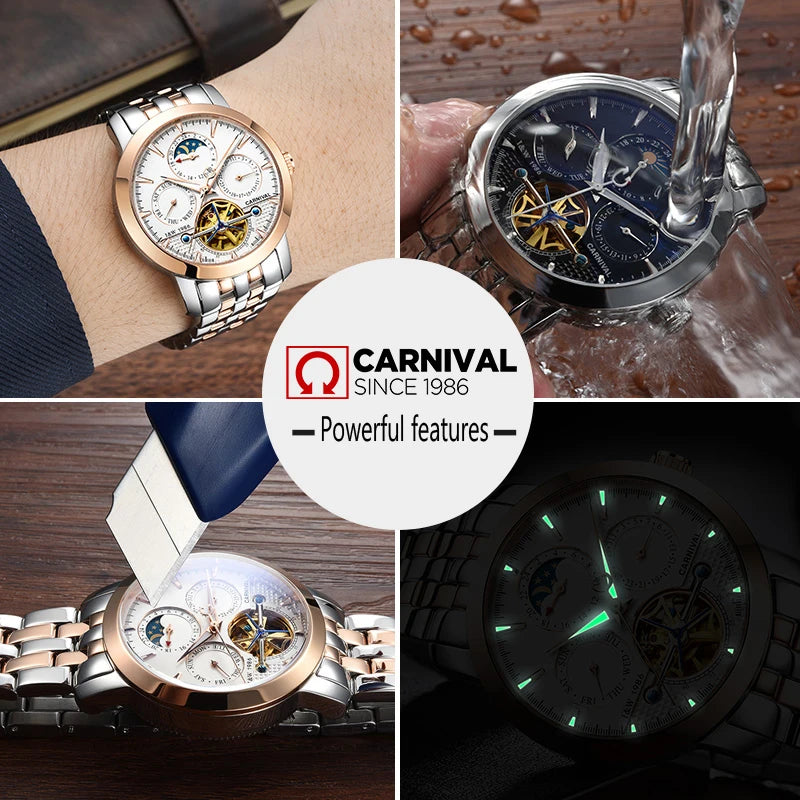 Carnival Brand Tourbillon Stainless Steel Mechanical Watch for Men