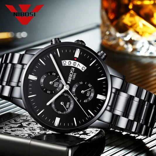 NIBOSI Relogio Masculino 2309 Stainless Steel Black Quartz Chronograph Wristwatch