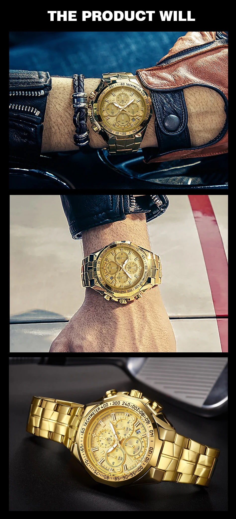 Relogio Masculino WWOOR  Luxury Gold Chronograph Wrist Watch For Men