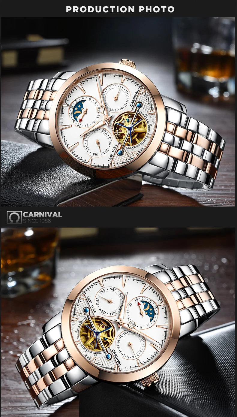 Carnival Brand Tourbillon Stainless Steel Mechanical Watch for Men