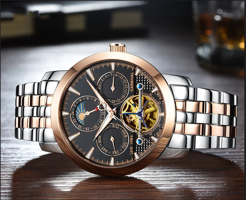 Carnival Brand Tourbillon Stainless Steel Mechanical Watch for Men