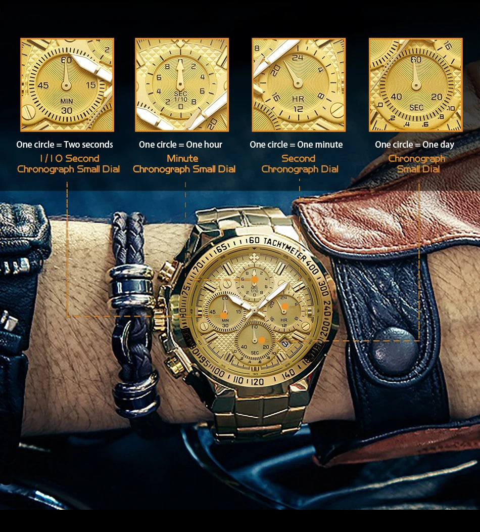 Relogio Masculino WWOOR  Luxury Gold Chronograph Wrist Watch For Men
