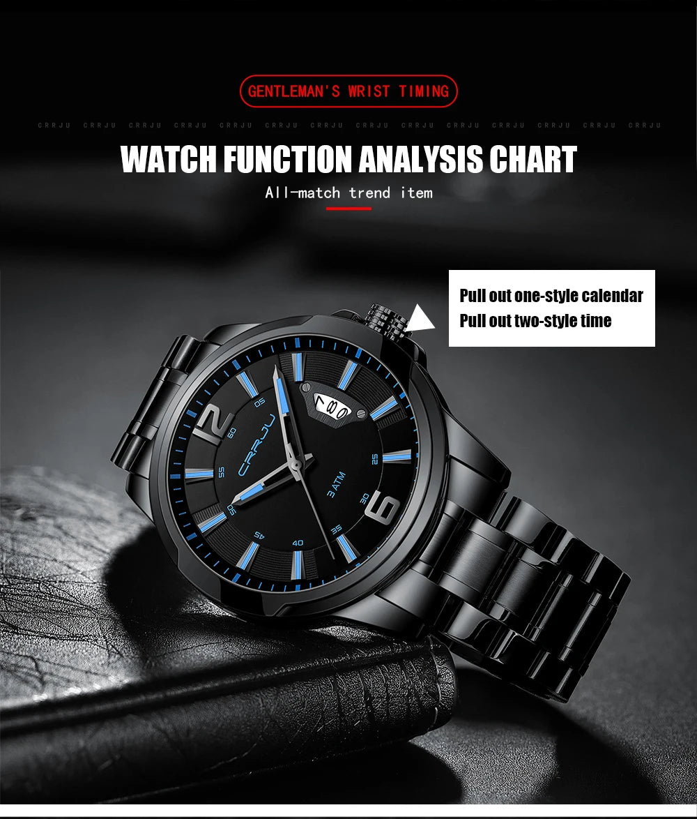 CRRJU Relogio Masculino Stainless Steel Waterproof Quartz Watch for Men