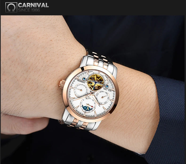 Carnival Brand Tourbillon Stainless Steel Mechanical Watch for Men