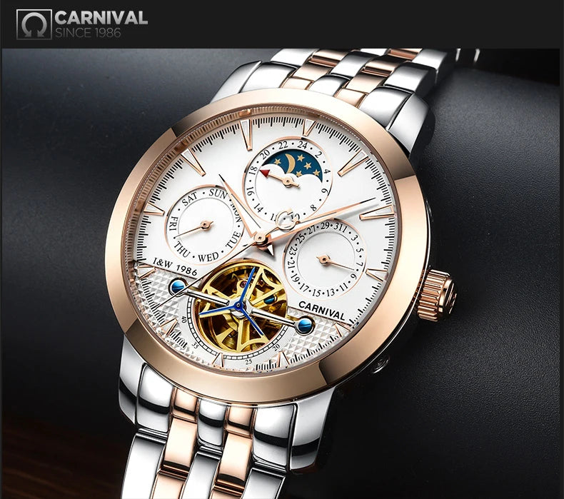 Carnival Brand Tourbillon Stainless Steel Mechanical Watch for Men