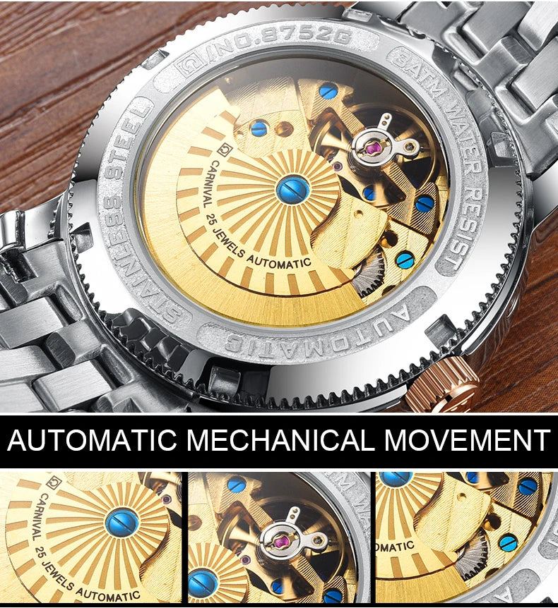 Carnival Brand Tourbillon Stainless Steel Mechanical Watch for Men