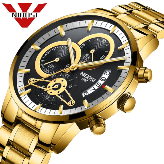 NIBOSI Relogio Masculin Quartz Gold Black Chronograph Waterproof Men's watch