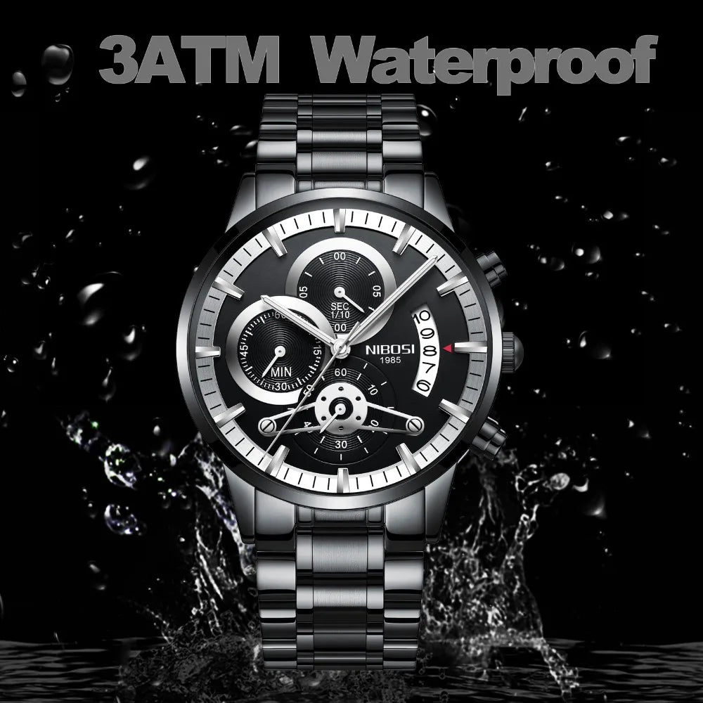 NIBOSI Relogio Masculin Quartz Gold Black Chronograph Waterproof Men's watch