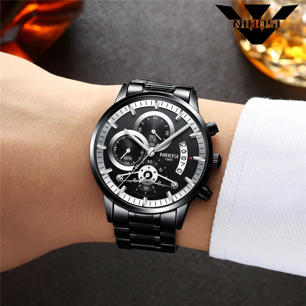 NIBOSI Relogio Masculin Quartz Gold Black Chronograph Waterproof Men's watch